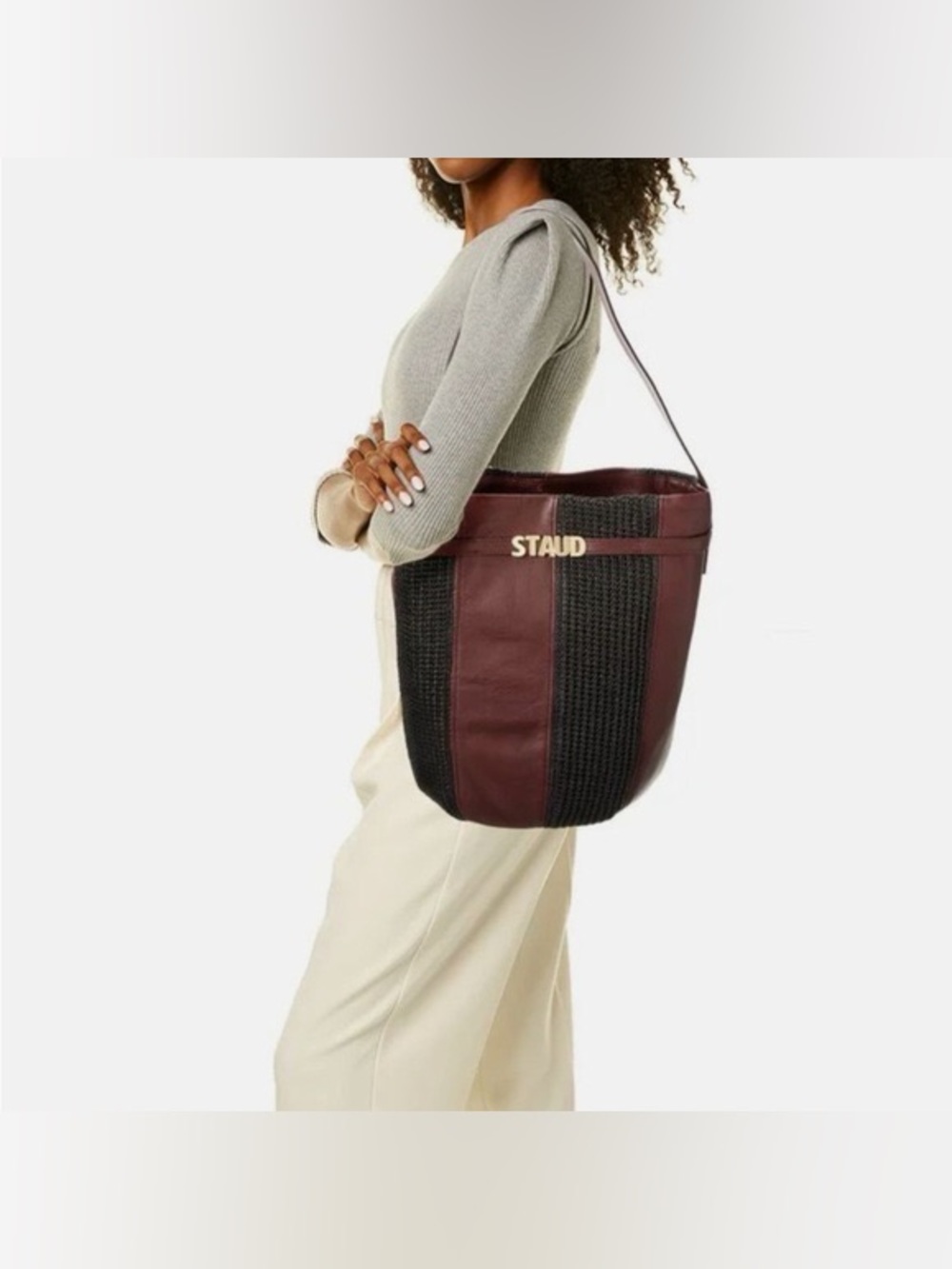 STAUD MAHOGANY RAFFIA BUCKET TOTE - Large - NWOT